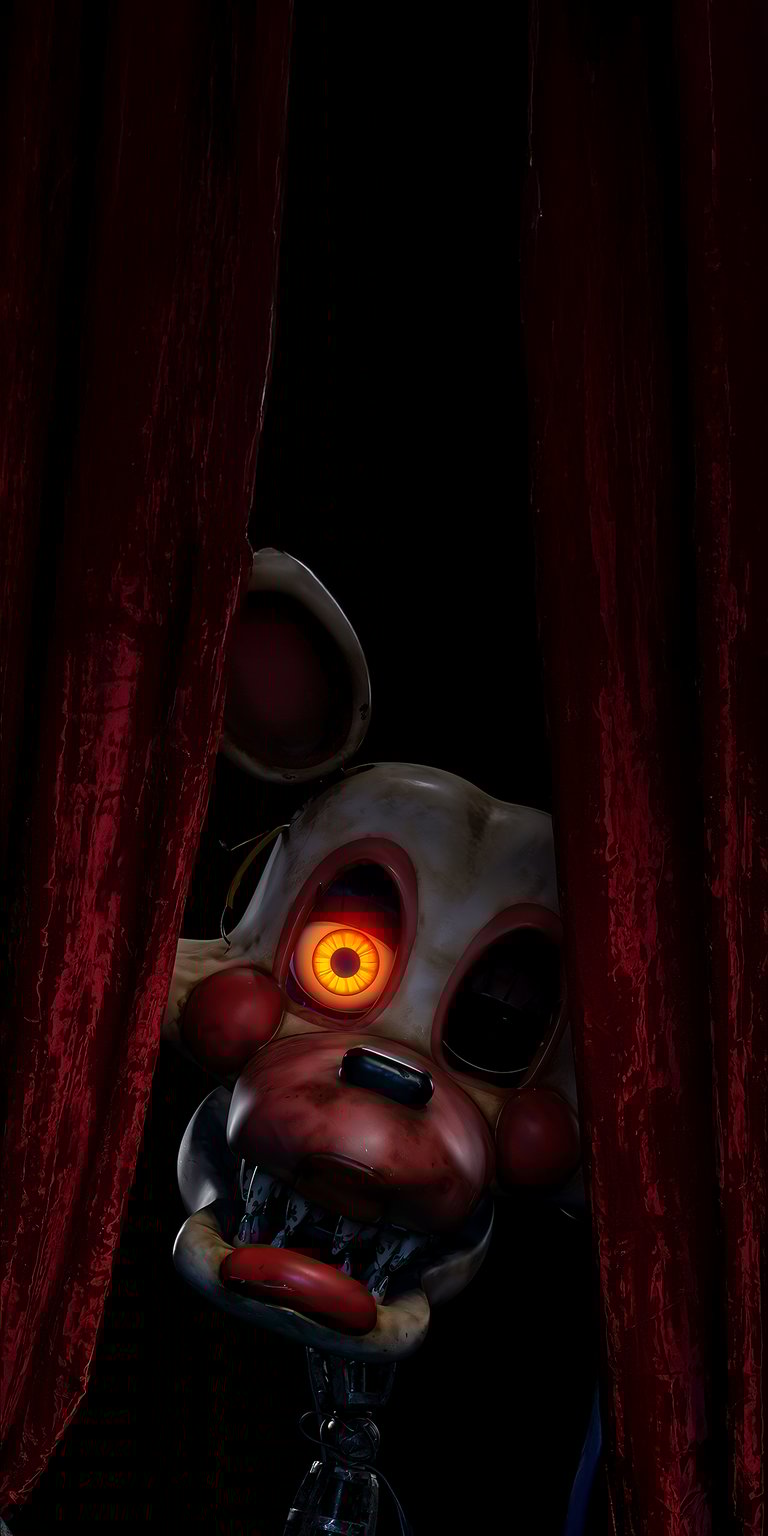 Download this Mangle 4K wallpaper for your iPhone today! This scary wallpaper features Mangle peering through red curtains with a glowing eye and sharp teeth.