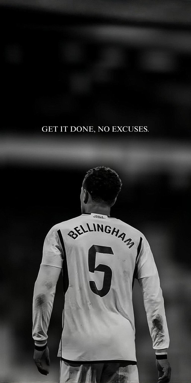 This striking, monochrome live wallpaper features global star Jude Bellingham of Real Madrid in his iconic number 5 kit. The image is rendered in a gritty black and white, capturing the player's intensity from behind as he stands on the pitch. The compelling quote overlay, "Get it done. No excuses," emphasizes his relentless drive and commitment. A perfect wallpaper for fans of high-impact football and a classic, timeless aesthetic.
