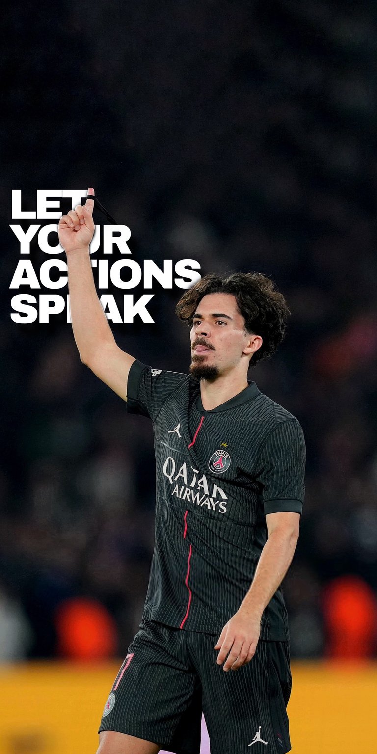 A dynamic and intense 3D wallpaper featuring Paris Saint-Germain (PSG) player Ilyes Housni (Jersey #71) celebrating a powerful moment on the pitch. Housni is captured in the team's dark jersey with his arm raised in triumph. The bold overlay text, "LET YOUR ACTIONS SPEAK," transforms the celebration into a strong statement on performance and effort. An ideal wallpaper for fans of Ligue 1 and high-impact sports motivation.