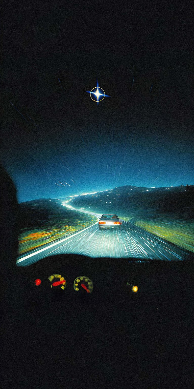 Transform your iPhone with this stunning 4K wallpaper, showcasing a nighttime car ride. The wallpaper features trails of light, a celestial star, and a view from the dashboard.