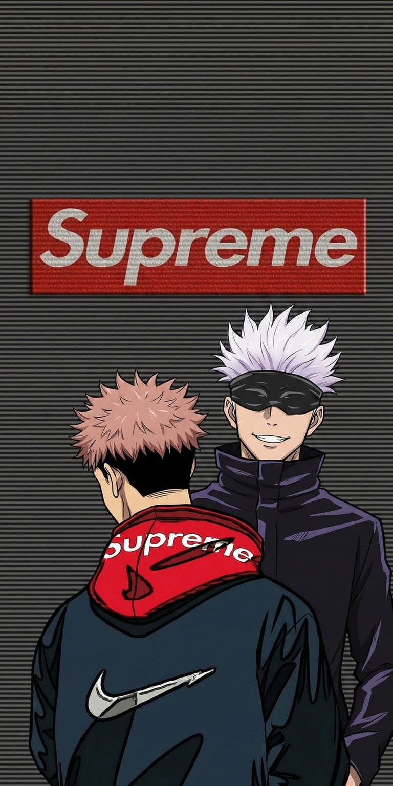 This anime wallpaper features Satoru Gojo and Yuji Itadori in modern streetwear against a red Supreme backdrop. The high-contrast design makes it a bold choice for any iPhone lock screen.