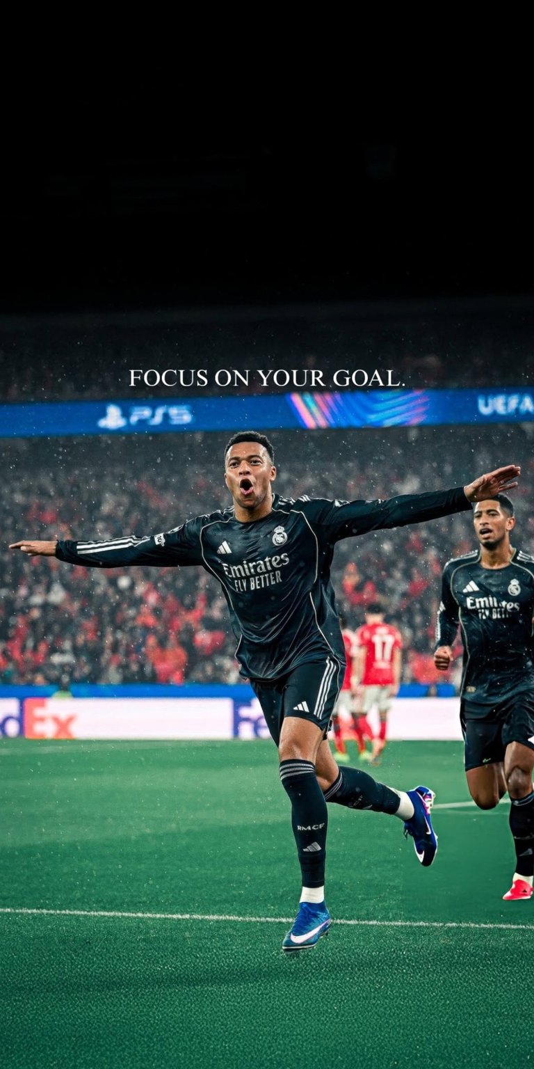 This 4K Aesthetic wallpapers selection features Kylian Mbappé celebrating a goal for your iPhone. The wallpaper highlights vibrant green turf and a dark stadium atmosphere with sharp, cinematic lighting.