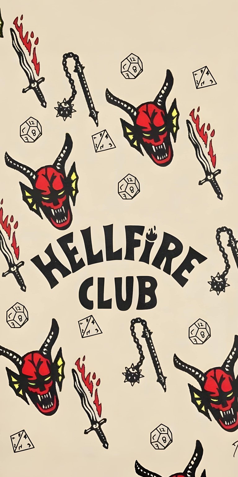 Download this Hellfire Club 4K wallpaper for your iPhone, featuring repeating illustrations. This high-quality wallpaper includes red devils, swords with flames, and dice.