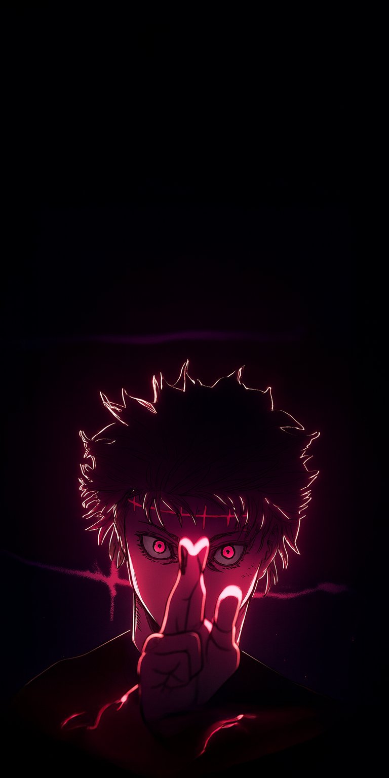 Get this Shinra Kusakabe wallpaper for your iPhone, featuring vibrant neon outlines and a striking heart hand gesture in 4K resolution. This wallpaper showcases Shinra with glowing red eyes.