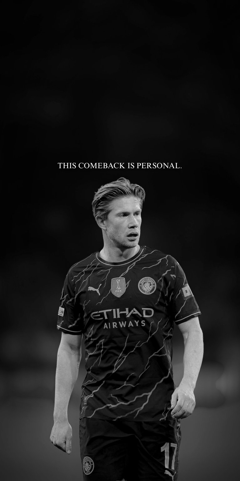 A tribute to one of the greatest midfielders in Premier League history. This 4K wallpaper features Kevin De Bruyne in the Manchester City dark kit, styled with a moody black-and-white aesthetic. The "This Comeback Is Personal" text reflects the resilience of a true champion.
