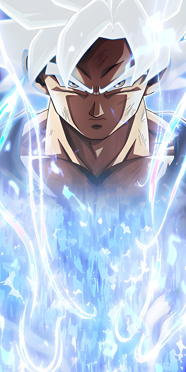 Download this incredible Goku Ultra Instinct 4K wallpaper for your iPhone. Witness the intense white aura and piercing silver eyes with this unique wallpaper.