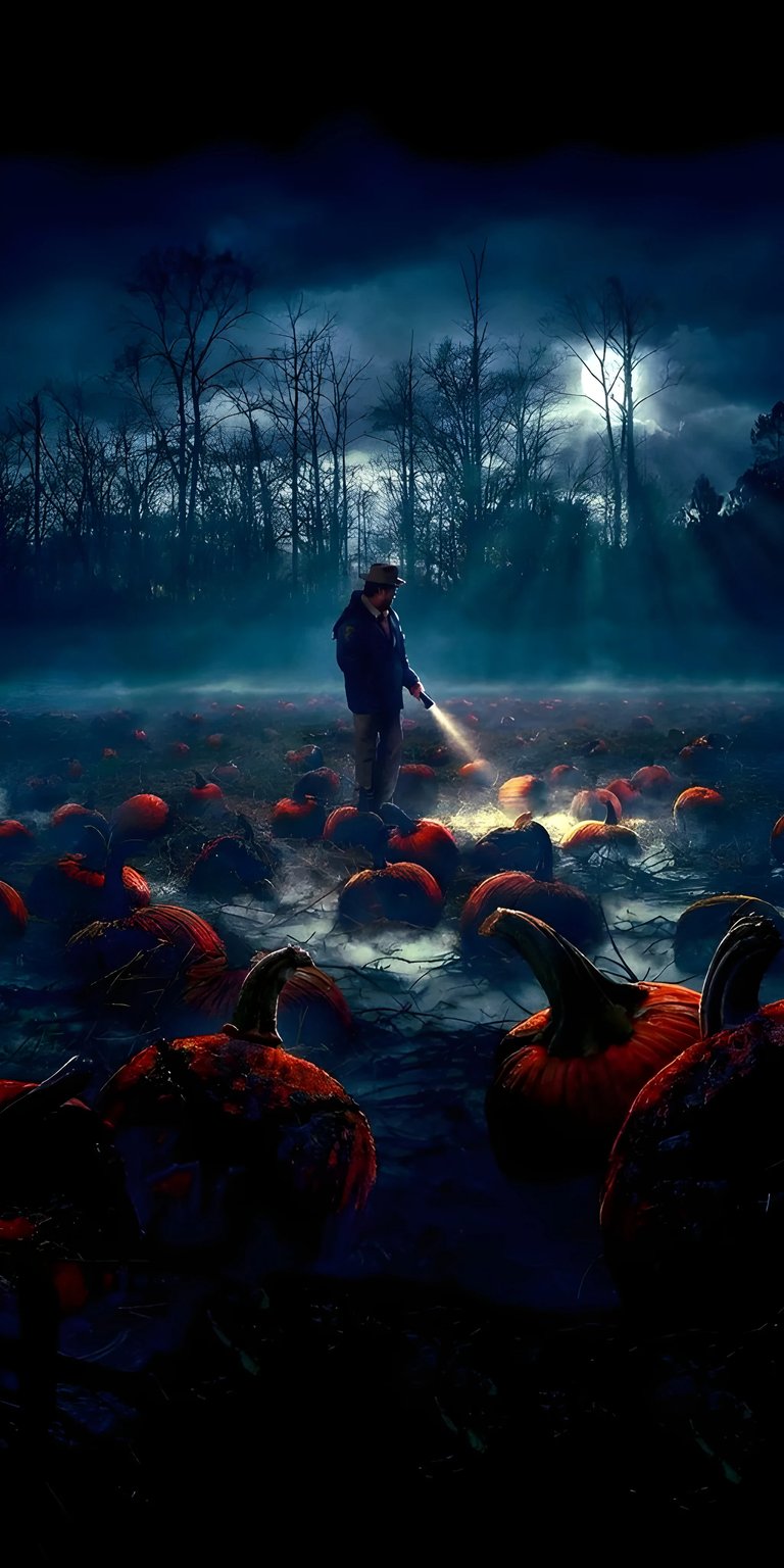 Download this atmospheric Hopper Stranger Things 4K wallpaper for your iPhone, featuring a field of pumpkins under a moonlit sky. This high-resolution wallpaper captures the haunting scene with the eerie mist and spooky dead trees in the background.