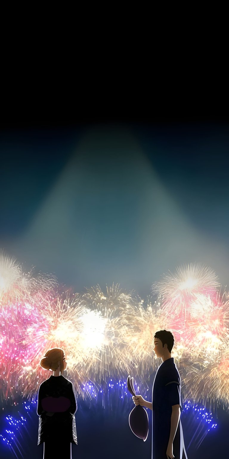 This heartwarming 4K wallpaper features Marin Kitagawa and Wakana Gojo from My Dress-Up Darling sharing a quiet moment under a fireworks display. Perfect for iPhone, this OLED wallpapers selection uses deep blacks to contrast the vibrant sparks and glowing silhouettes of the iconic duo.