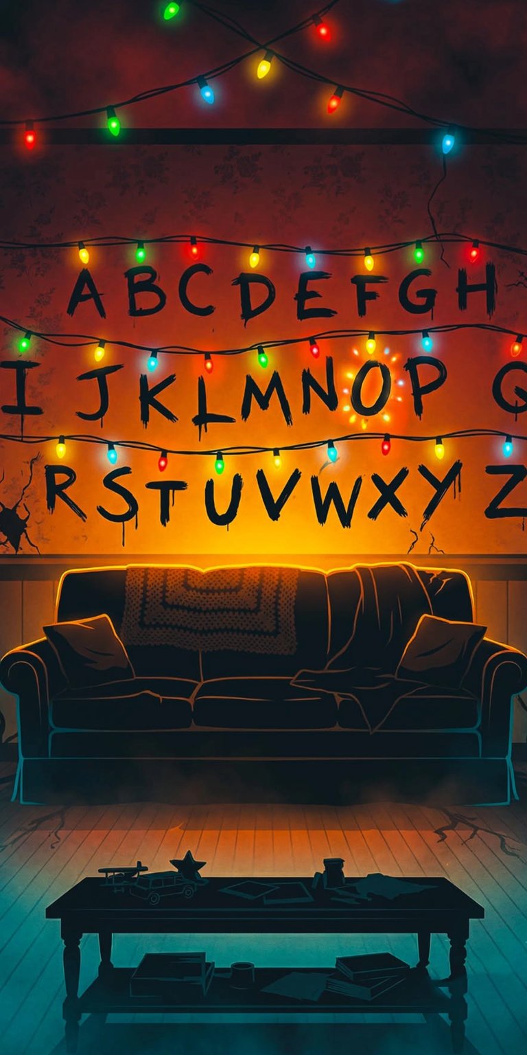 Get this awesome Stranger Things wallpaper for your iPhone in stunning 4K resolution! This wallpaper features the alphabet wall strung with colorful Christmas lights, a vintage couch, and a dark coffee table covered in various objects.