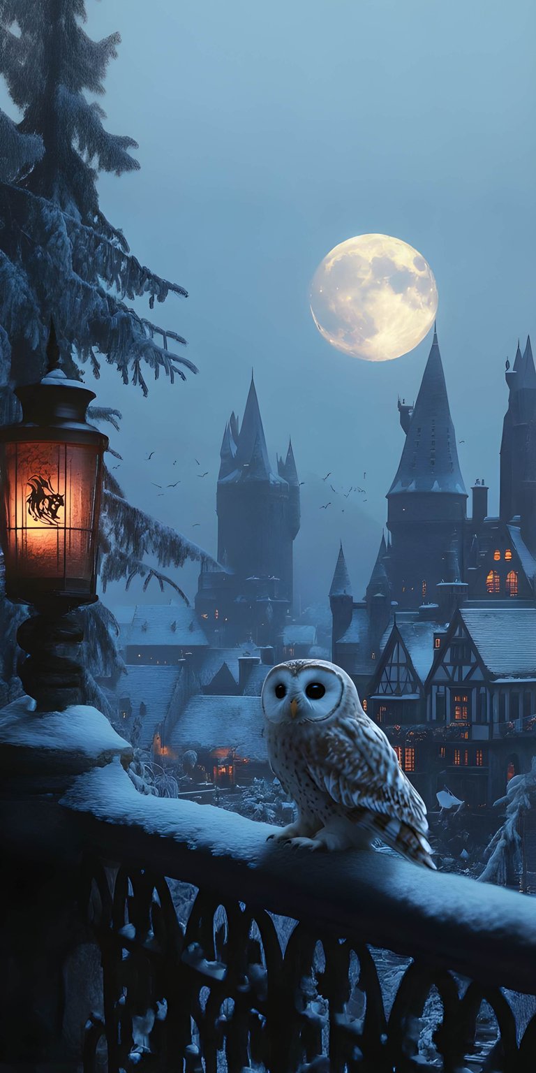 Download this enchanting Hedwig 4K wallpaper for your iPhone, showcasing the snowy owl perched on a wrought-iron railing under a luminous full moon, with the silhouette of Hogwarts castle in the background. This stunning wallpaper brings a touch of magic to your device.