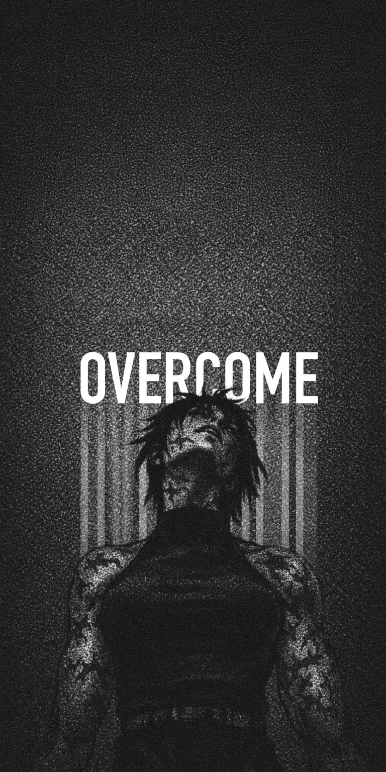 This gritty Ken Kaneki Tokyo Ghoul 4K wallpaper features the "Overcome" text over a dark, textured monochrome portrait of the iconic anime protagonist. Transform your mobile screen with a dark aesthetic wallpaper showcasing Kaneki’s intense gaze and signature mask.