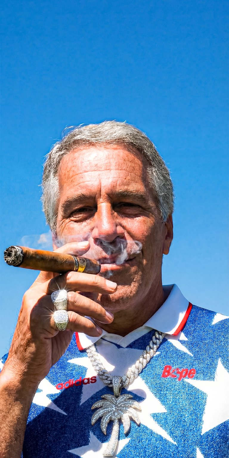 This 4K wallpaper features a portrait of Jeffrey Epstein smoking a cigar while wearing a star-patterned shirt. This controversial aesthetic wallpaper is designed with high visual contrast for an iPhone lock screen.