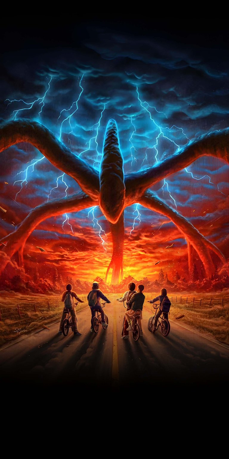 Download this Stranger Things wallpaper in 4K for your iPhone! This wallpaper showcases the children on bikes in front of the Mind Flayer, under an ominous red sky with bolts of blue lightning.