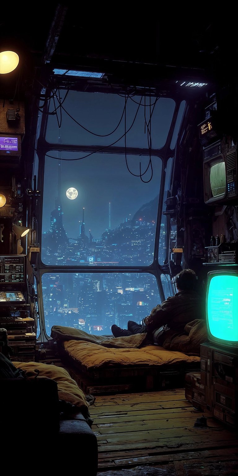 Immerse yourself in this cyberpunk room 4K wallpaper, perfect for your iPhone, featuring a lone figure gazing at a futuristic cityscape. The scene is filled with visual details like a luminous full moon, exposed wiring, and a glowing vintage television.