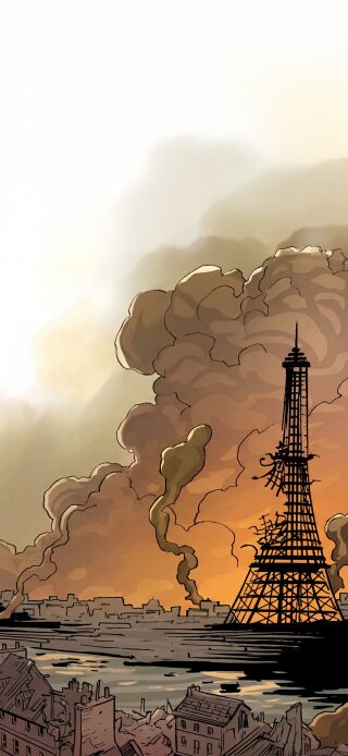 Download this Invincible 4K wallpaper for your iPhone today! This wallpaper features the Eiffel Tower with rubble and smoke, where a hero suddenly appears to save the day.