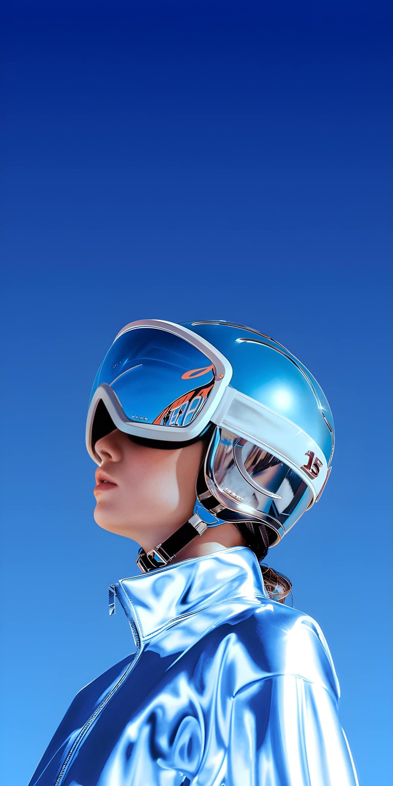 Download this striking 4K wallpaper featuring a skier with reflective goggles, a gleaming blue helmet, and a metallic blue jacket for your iPhone. This dynamic wallpaper captures the essence of winter sports.