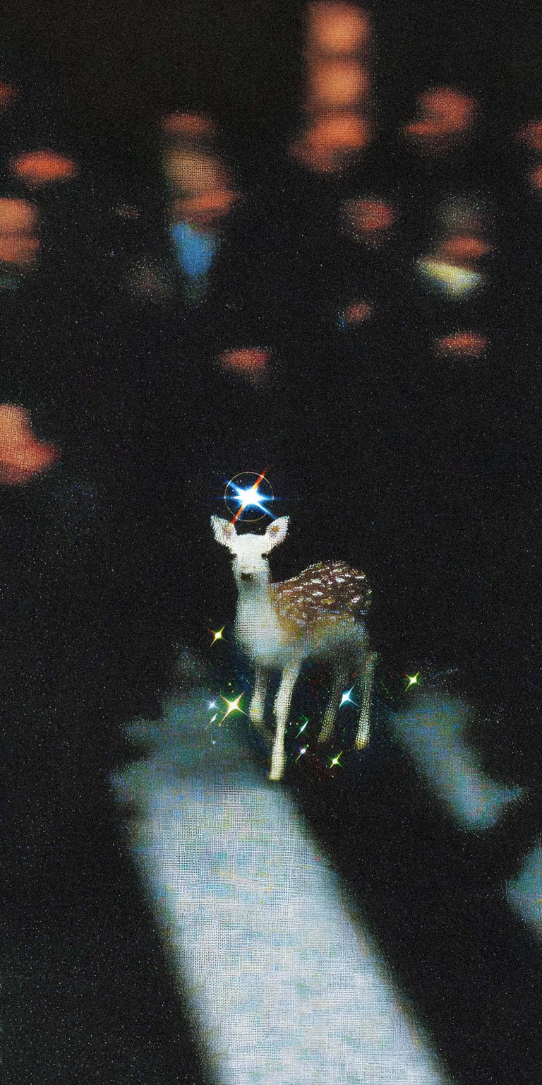 This iPhone wallpaper features a deer with a star above its head. This 4K wallpaper also showcases sparkly effects around the deer against a blurred background.