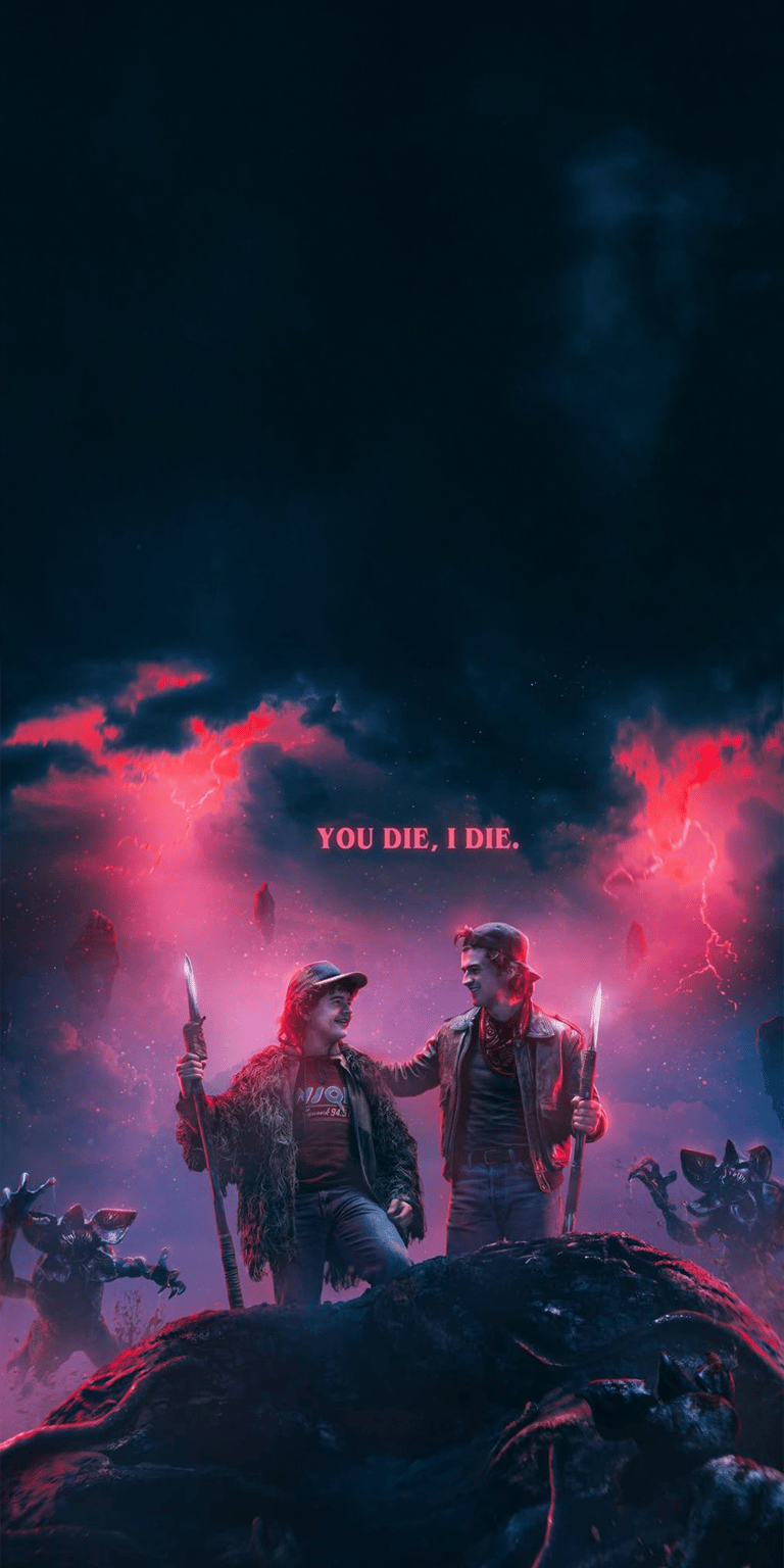 Get this epic Dustin and Steve 4K wallpaper for your iPhone! The dynamic duo stands armed with spears amidst a menacing Demogorgon-infested landscape under a sky of fiery red lightning.