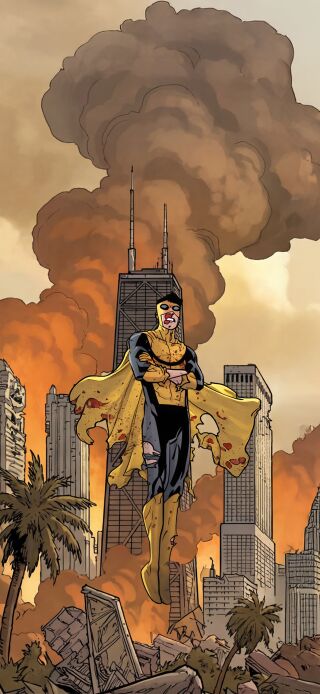 Download this incredible Invincible wallpaper in 4K resolution to refresh your iPhone. This stunning wallpaper shows the aftermath of a battle with a tall building amidst plumes of smoke and Invincible himself, arms crossed.