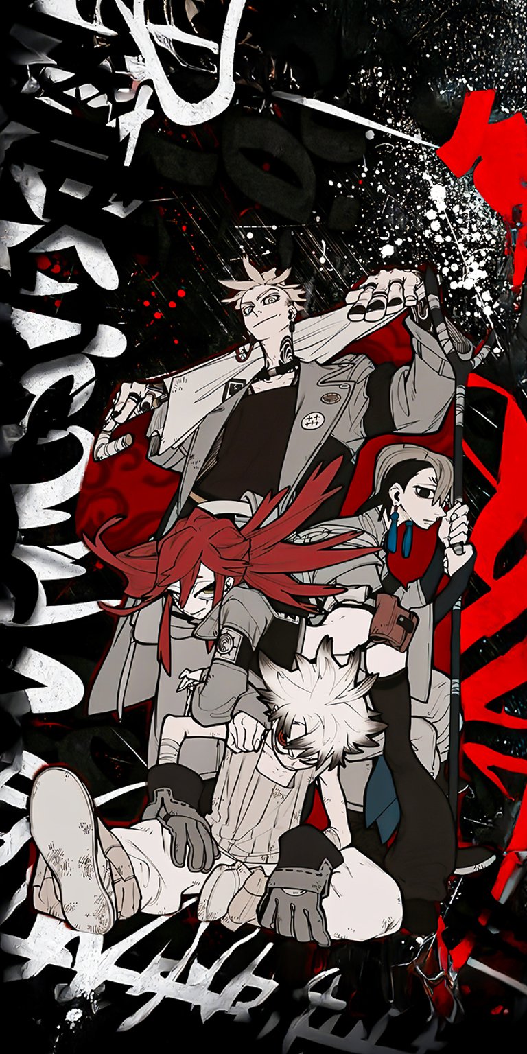 A high-definition (4K) illustration showcasing the main characters of Gachiakuta in a gritty, black, red, and white style. The artwork highlights Rudo (white hair, bottom), Zanka (spiky blonde hair, top left), Enjin (hoodie, top right), and Riyo (red hair, center). Ideal for users who appreciate detailed, artistic, and action-oriented anime themes for their devices.