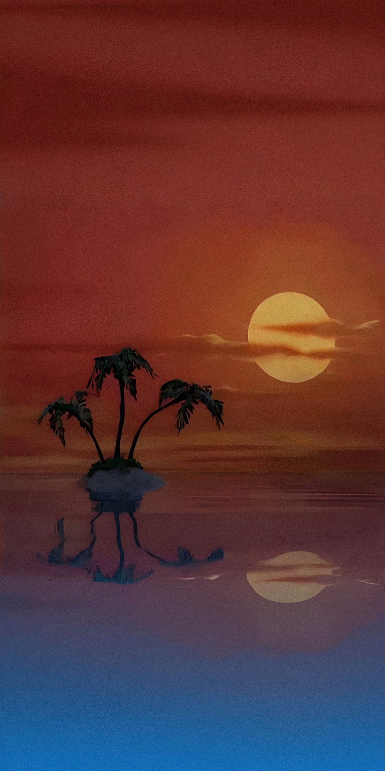This Aesthetic wallpapers choice features the iconic Bikini Atoll island silhouette set against a vibrant orange and red sunset. Perfect for your iPhone, this wallpaper captures a nostalgic, warm mood with a clear water reflection of the sun and palm trees.