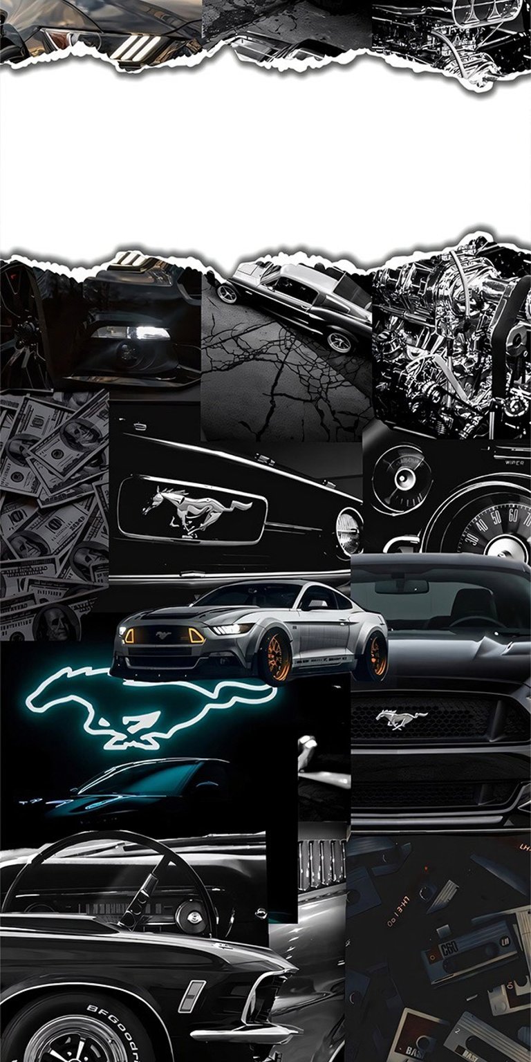 A sleek, moody collage designed for fans of modern muscle. This wallpaper combines high-contrast photography of the modern Ford Mustang with glowing neon pony logos and urban midnight vibes. The dark, gritty composition highlights the aggressive lines and contemporary styling of the Mustang GT.