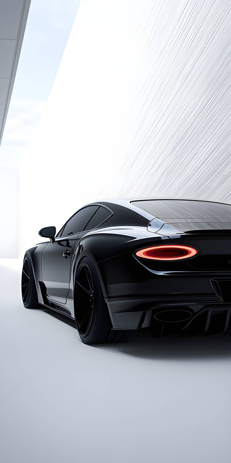 This high-contrast Bentley Continental GT 4K wallpaper features a sleek black finish perfect for OLED and AMOLED screens. Designed specifically for iPhone, the visual highlights the car's aggressive widebody stance against a minimalist, bright architectural background.