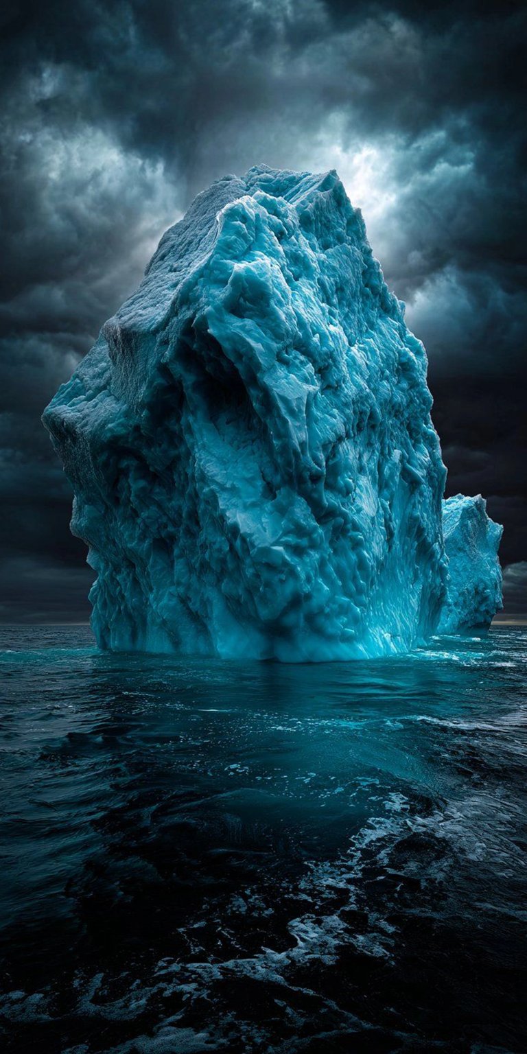 Download this stunning iceberg 4K wallpaper for your iPhone, featuring a massive, fractured iceberg amidst a dark, stormy sky. The turquoise blue ice contrasts sharply with the churning black water, making this wallpaper a visually striking choice.
