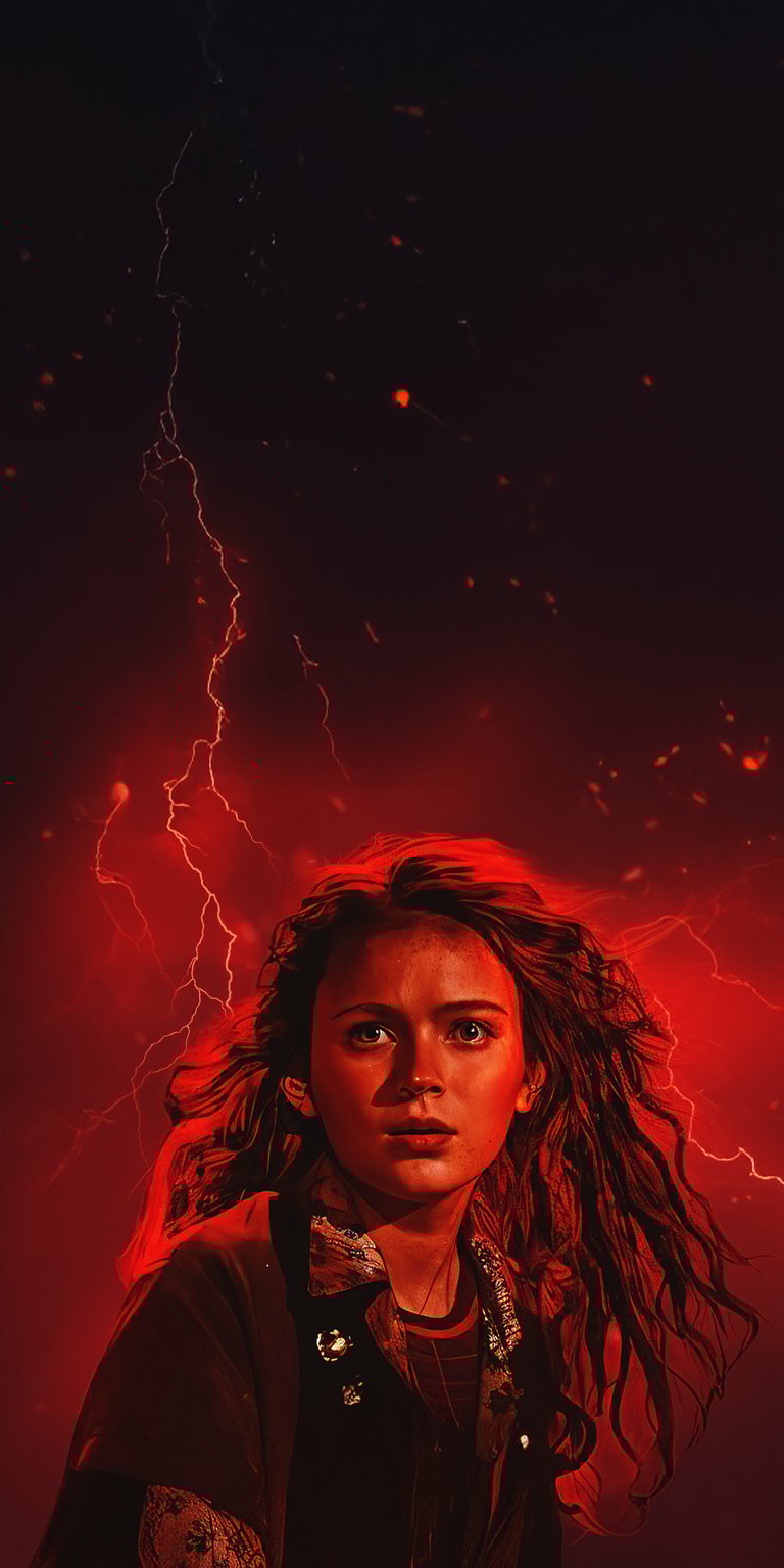 Download this striking Max Mayfield 4K wallpaper for your iPhone! This wallpaper features Max set against a dramatic red backdrop with electrifying lightning and her wavy red hair.