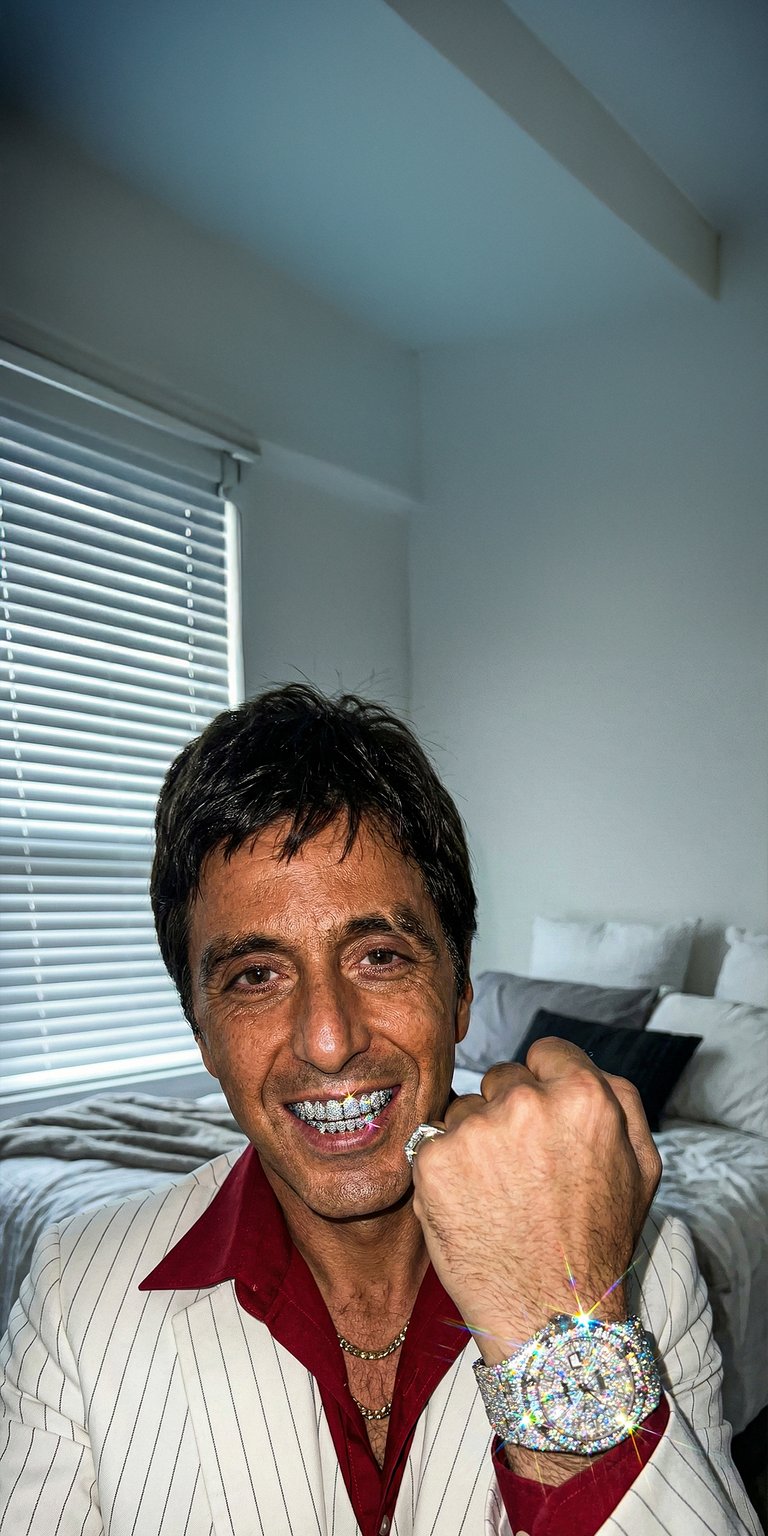This 4K aesthetic wallpaper features Al Pacino as Tony Montana sporting iced-out diamond grillz and a matching luxury watch. Bring a bold, high-status mood to your iPhone with this wallpaper showcasing crisp white pinstripes and brilliant jewelry glints against a bright interior background.