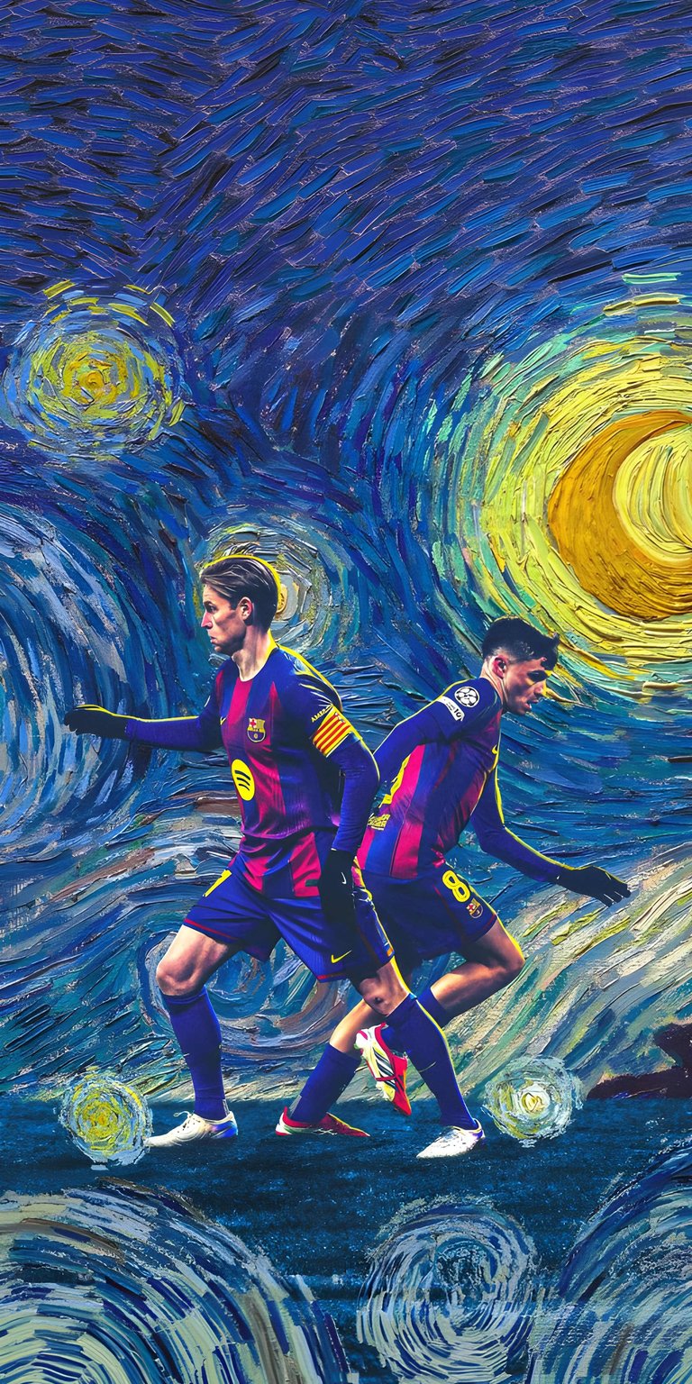 De Jong and Pedri 4K wallpaper for iPhone featuring a painterly night-sky scene with swirling blue and yellow strokes. This aesthetic wallpapers style wallpaper blends vibrant colors, artistic depth, and a dynamic, energetic mood.