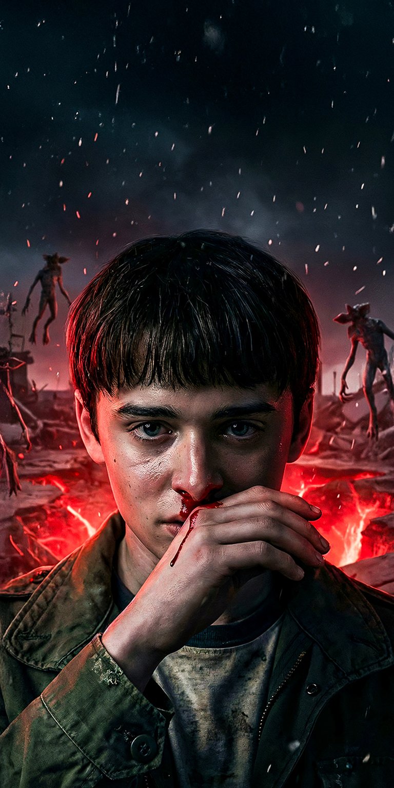 An explosive 4K character poster featuring Will Byers (Noah Schnapp) looking determined and haunted, with a smear of blood under his nose. He is centered in the frame, surrounded by a dramatic red, fiery glow, with silhouetted Demogorgons lurking menacingly in the dark background. This captures his deep connection to the Upside Down and his resilience.