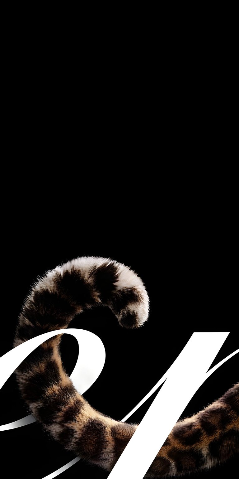 Download this unique cat tail wallpaper in 4K for your iPhone, showcasing fluffy, spotted fur. This wallpaper also features a sleek black background contrasted by bold white text.