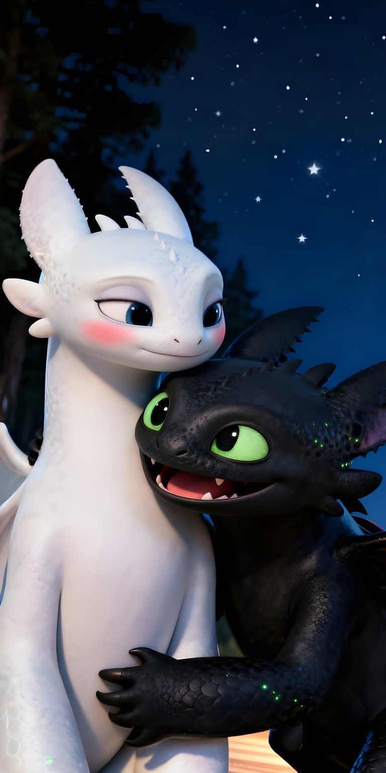 This 4K aesthetic wallpaper features a heartwarming moment between Toothless and the Light Fury under a starry night sky. Enhance your iPhone with this charming wallpaper showcasing soft moonlight, glowing scales, and a romantic atmosphere.
