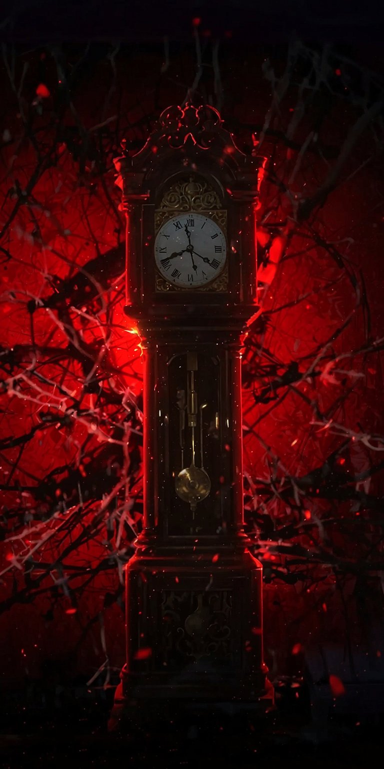 Download this Vecna clock wallpaper in stunning 4K for your iPhone! This wallpaper features a menacing grandfather clock, ominous branches, and a glowing red background.