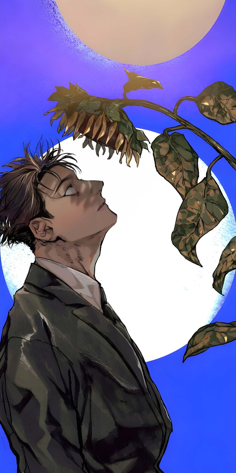 Download this striking Man 4K wallpaper for your iPhone, showcasing a man in a suit gazing up at a wilted sunflower set against a bright moon. This wallpaper is perfect for adding an artistic touch to your device.