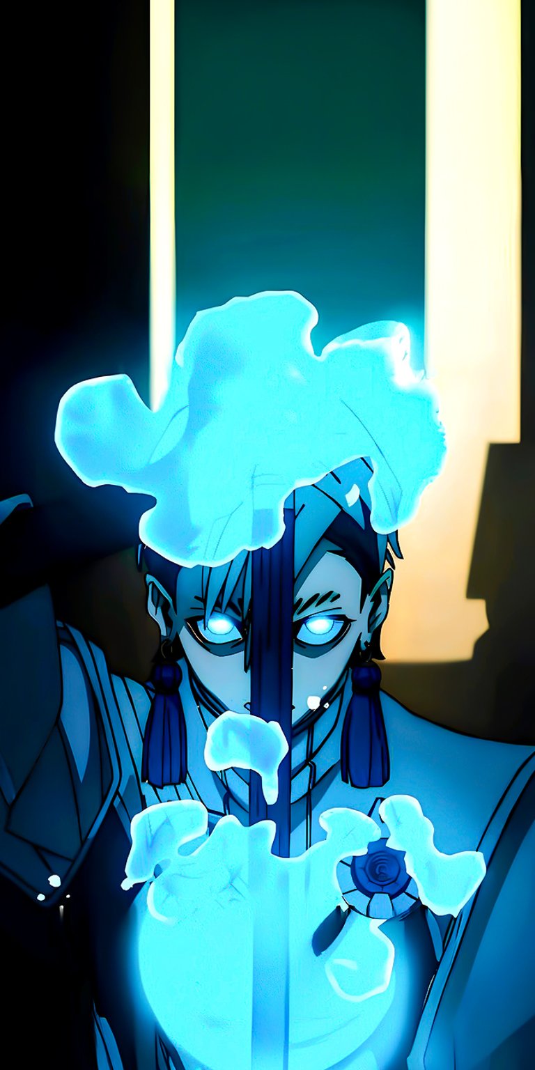 A powerful and atmospheric image of the character Zanka Nijiku from the Gachiakuta series, highlighted by glowing blue energy, known as "anima" in the show's lore. This artwork captures his intense focus and calm demeanor. Perfect for fans of the anime and those who enjoy a dark, cinematic, and epic aesthetic for their screen.