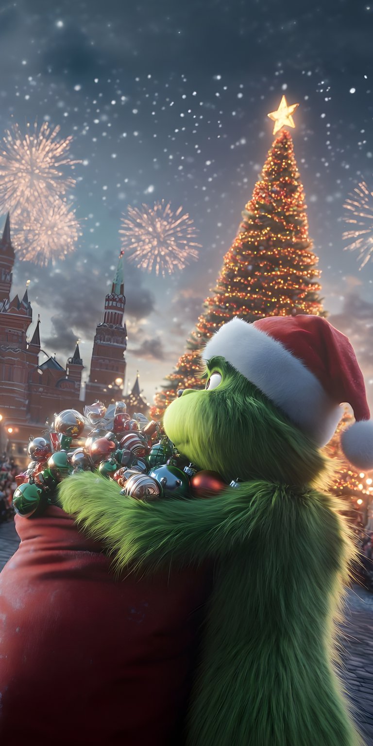 Download this Grinch 4K wallpaper for your iPhone, showcasing the whimsical character with a Santa hat, an overflowing bag of colorful ornaments, and the backdrop of Moscow landmarks under a burst of fireworks. This wallpaper is perfect for bringing a touch of festive cheer to your device.