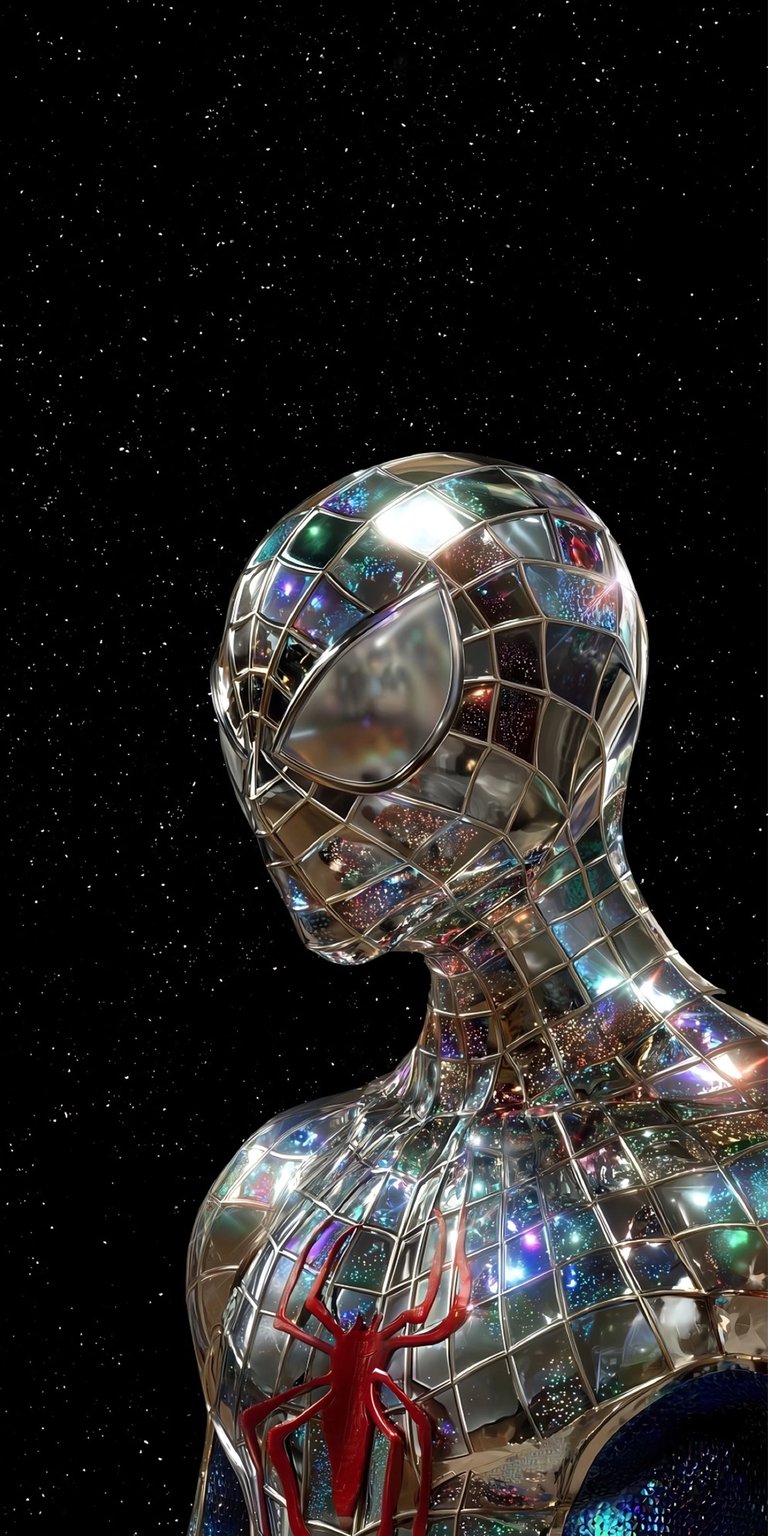 Download this incredible Spider-Man 4K wallpaper for your iPhone, showcasing a mosaic-tiled suit reflecting the starry background. This stunning wallpaper captures the sleek, reflective surface and the bold red spider emblem in striking detail.