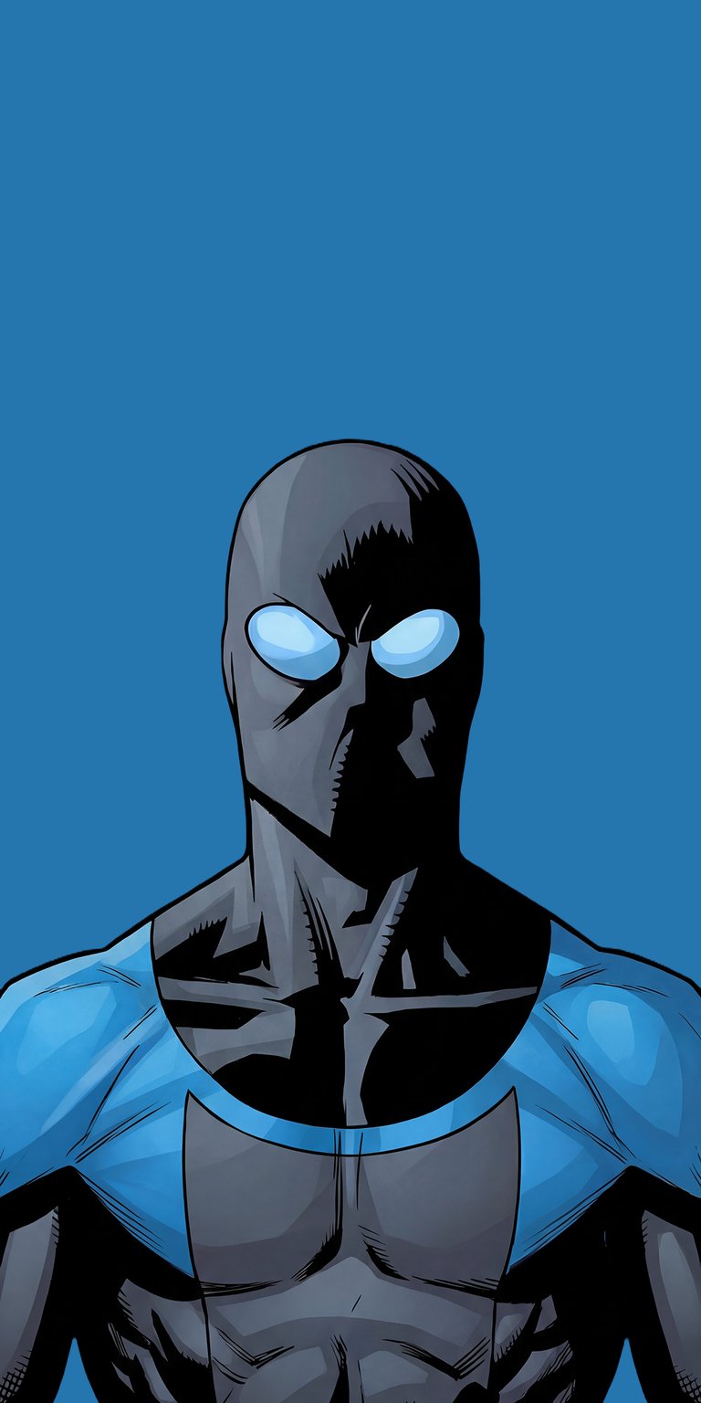 Download this stunning Nightwing wallpaper in 4K for your iPhone, featuring his signature black mask with glowing blue eyes. The vibrant blue accents on his suit and visible muscle definition make this Nightwing wallpaper a must-have!