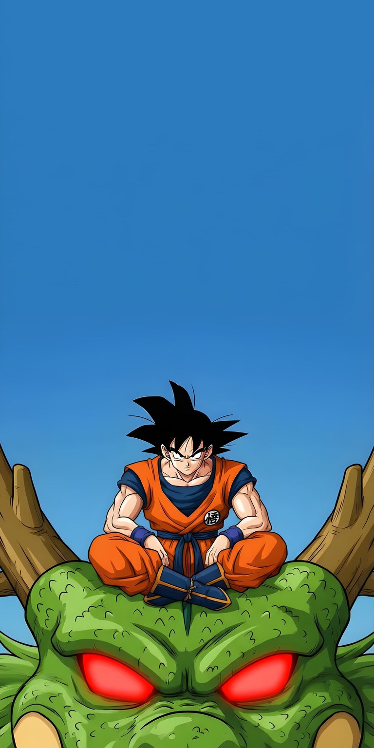 Get this intense 4K wallpaper highlighting Goku sitting on the head of a red-eyed Shenron. Perfect for any iPhone wallpaper setup, it showcases detailed scales and iconic anime character design.