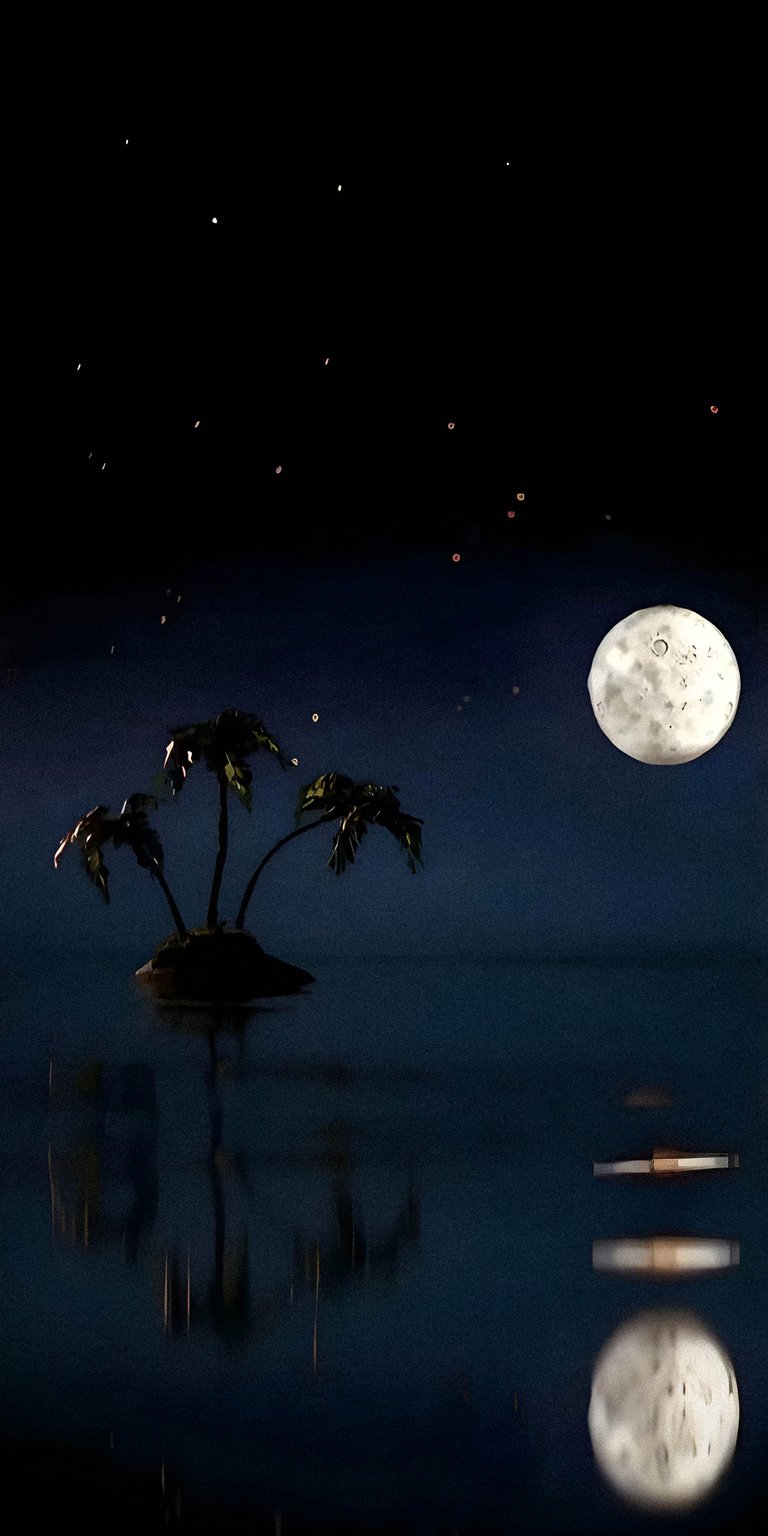 This AMOLED wallpapers entry features the famous Bikini Atoll island under a dark starlit sky with a glowing full moon. Optimized for iPhone, this wallpaper utilizes deep blacks and high-contrast moonlight reflections to create a moody, nocturnal atmosphere.