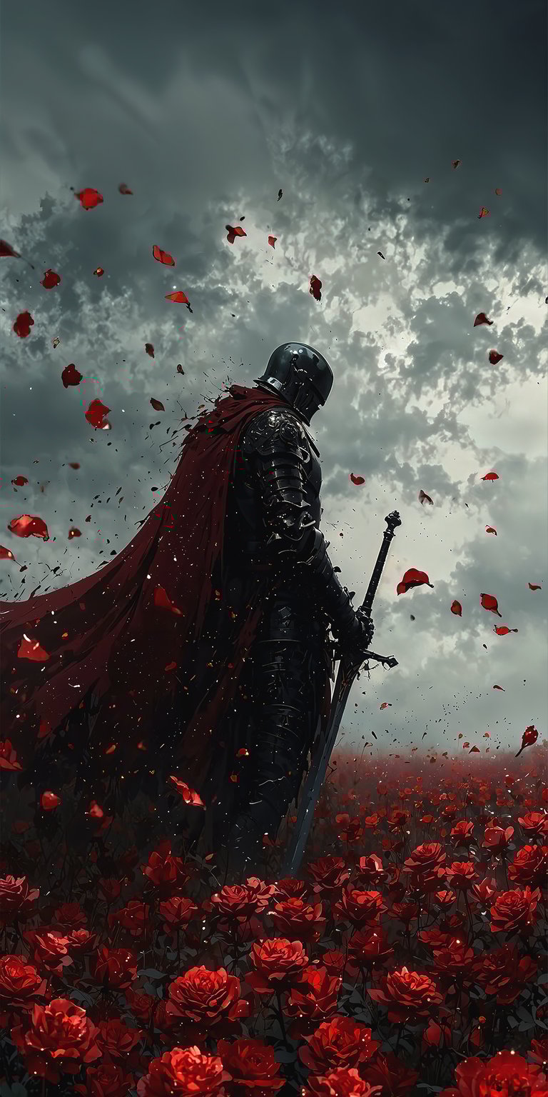 Transform your screen with this dark knight 4K wallpaper featuring a warrior standing in a cinematic field of red roses. This high-contrast mobile wallpaper includes deep shadows and atmospheric storm clouds for a dramatic 3D depth effect.