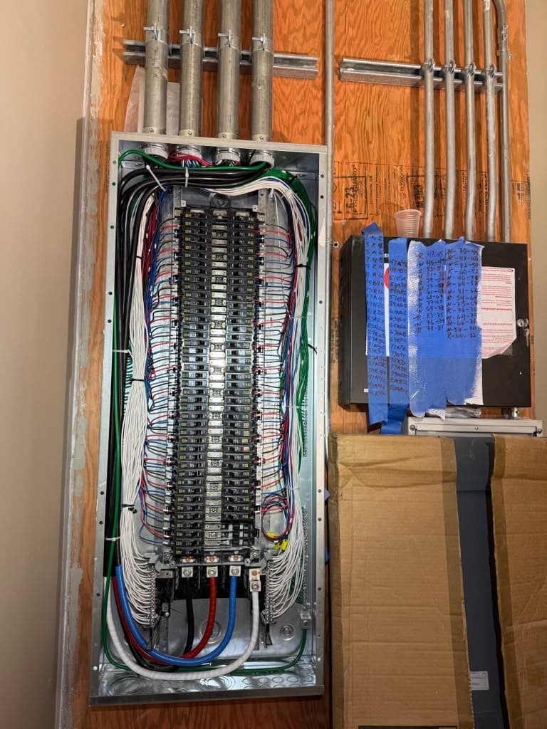 Electrical panelboard with labeled branch circuits and EMT conduit rough-in