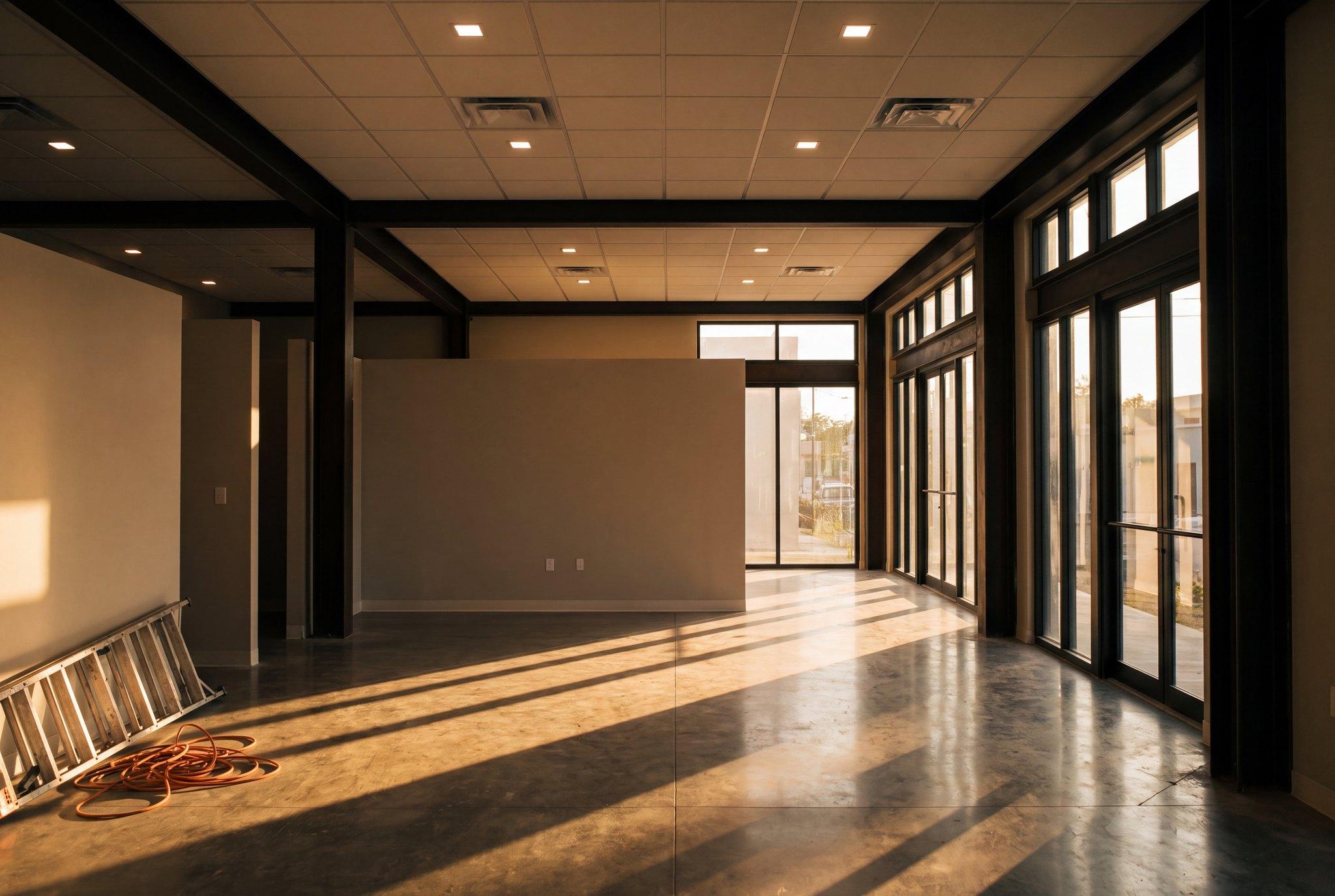 Completed commercial fit-out with exposed steel and polished concrete
