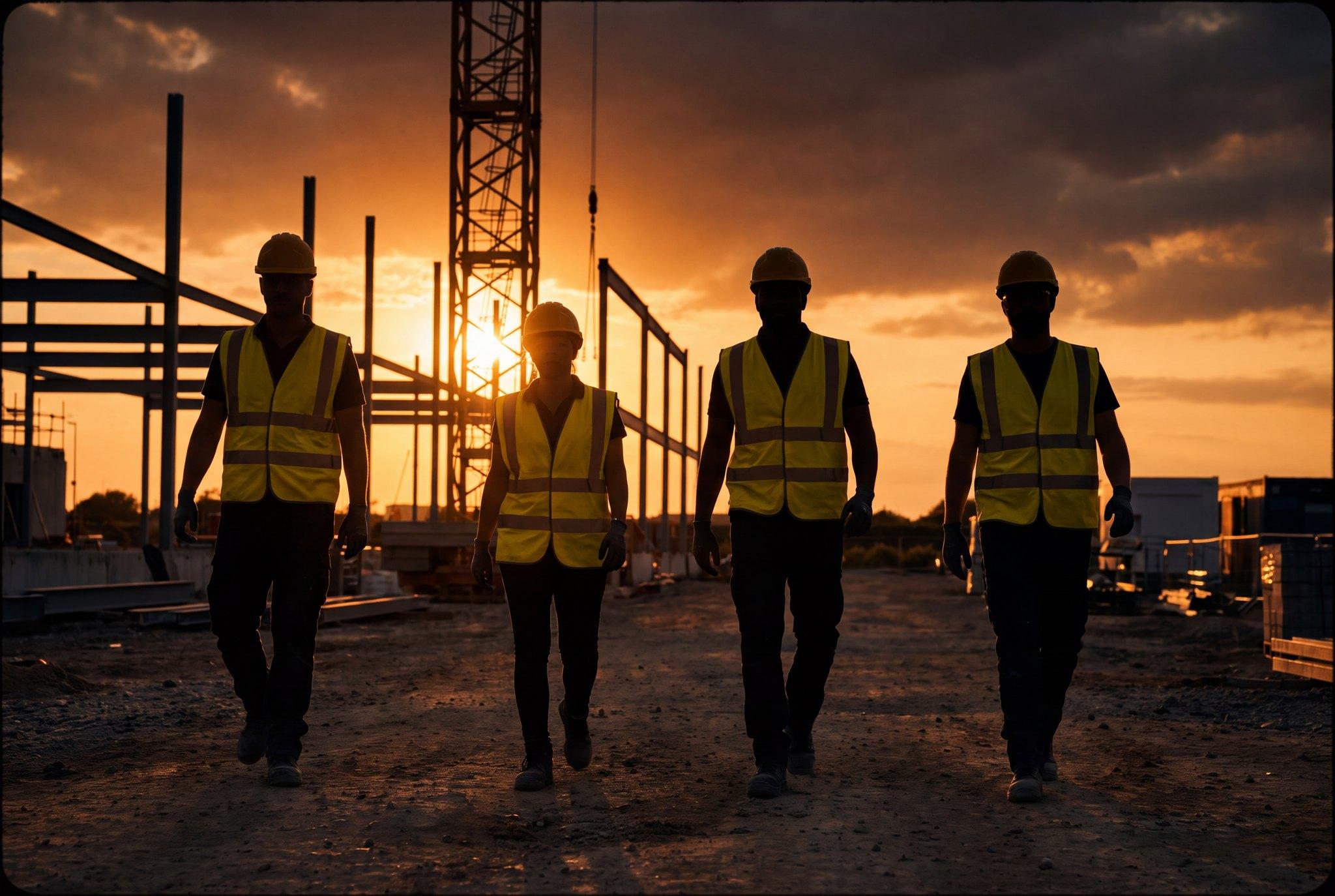 Field crew walking across a construction site at golden hour