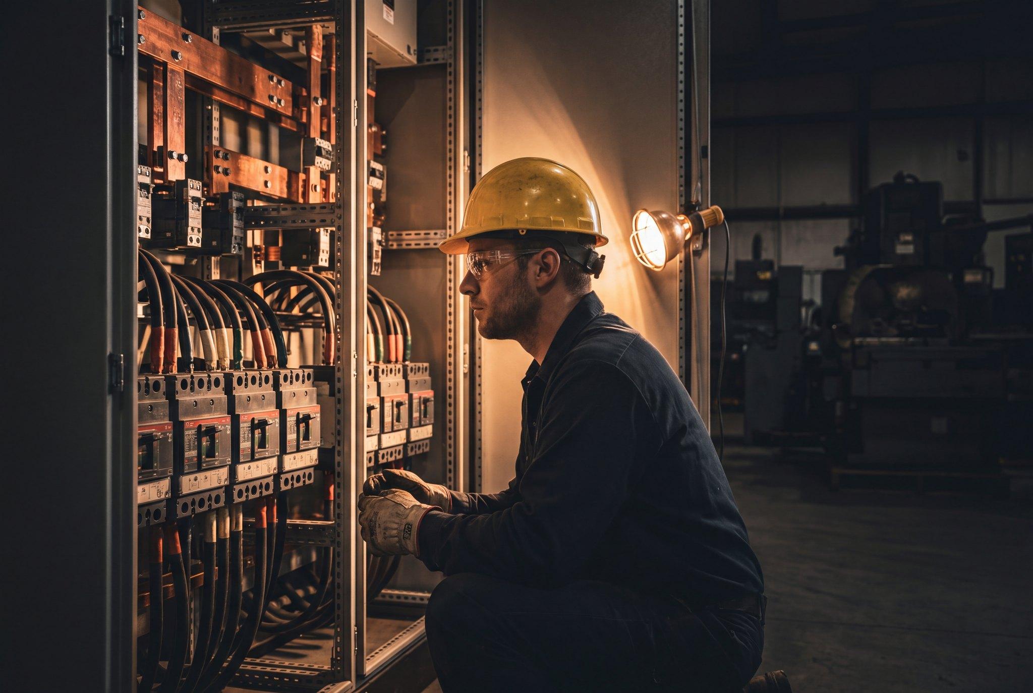 Electrical engineer working inside switchgear
