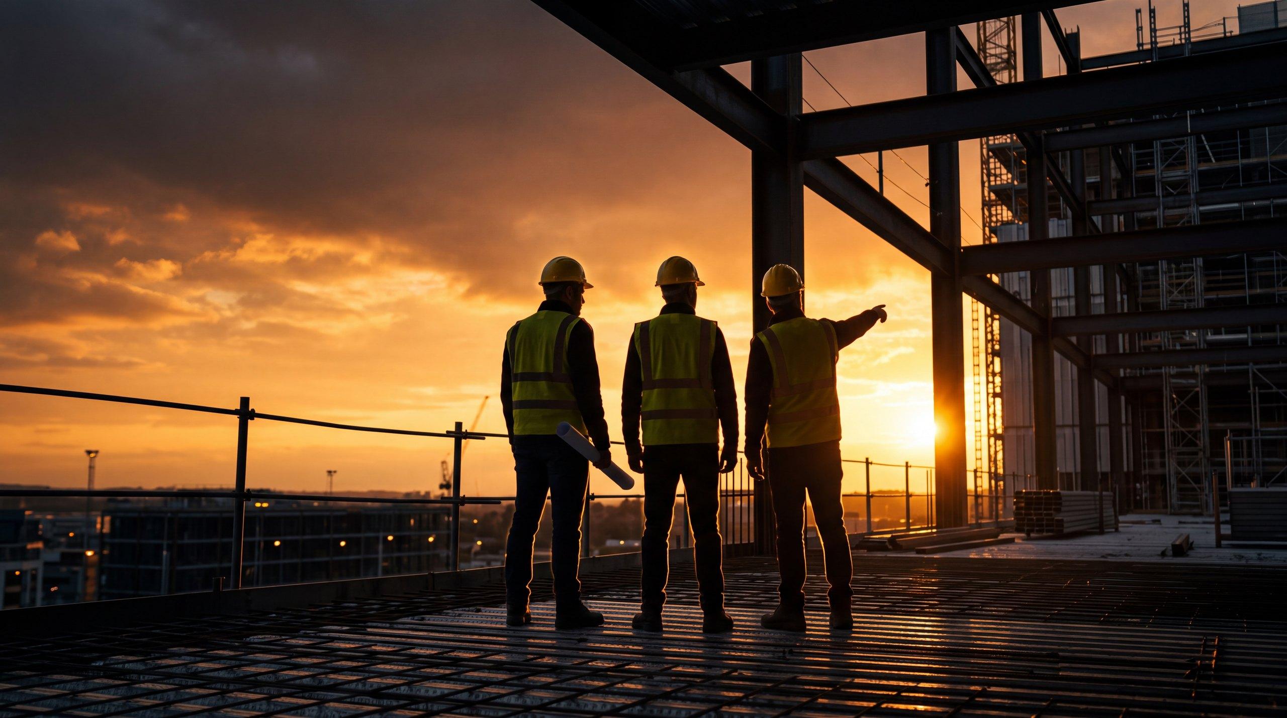 Construction leaders silhouetted on a steel deck at golden hour