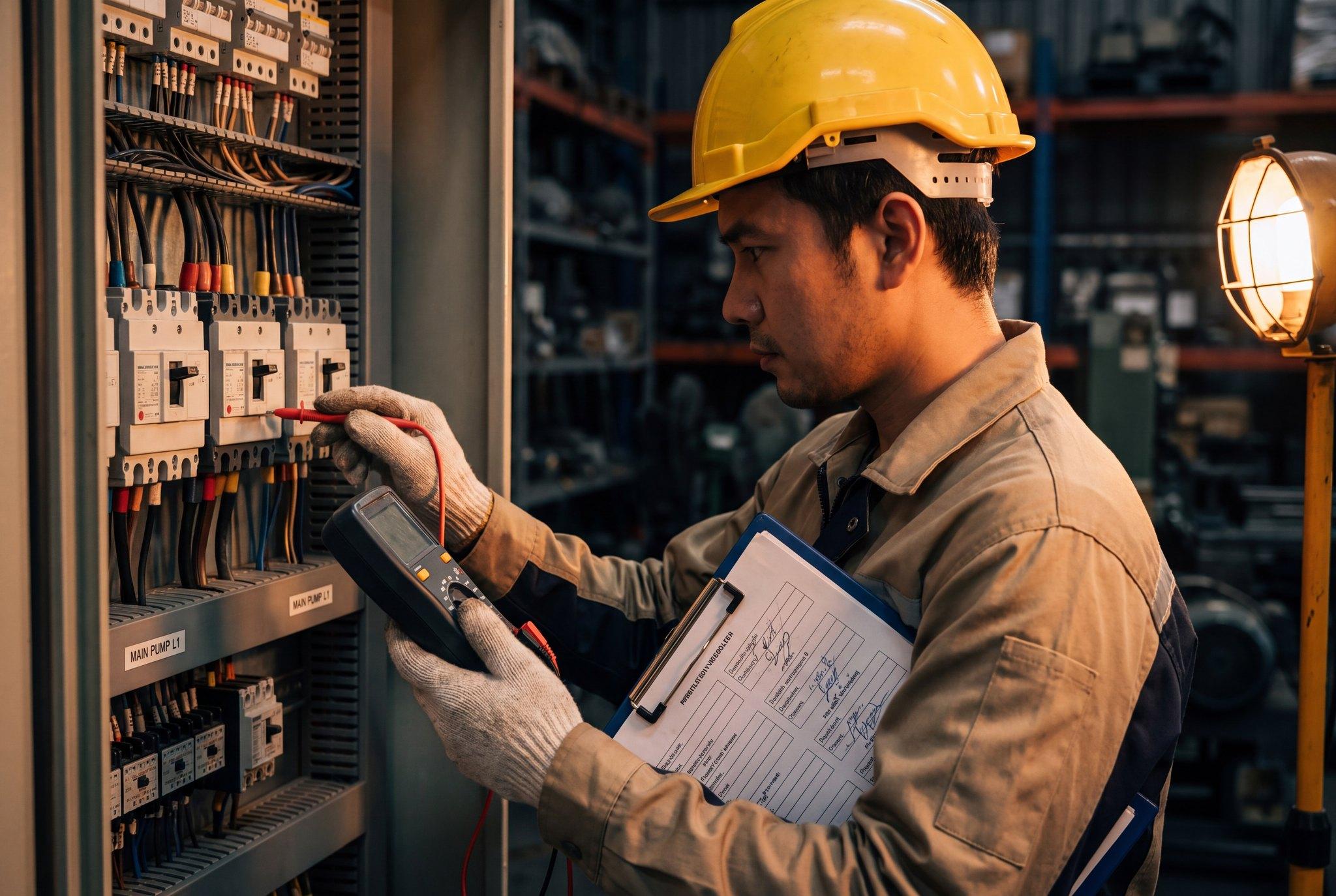 Inspector testing a labelled breaker panel with a multimeter and inspection paperwork