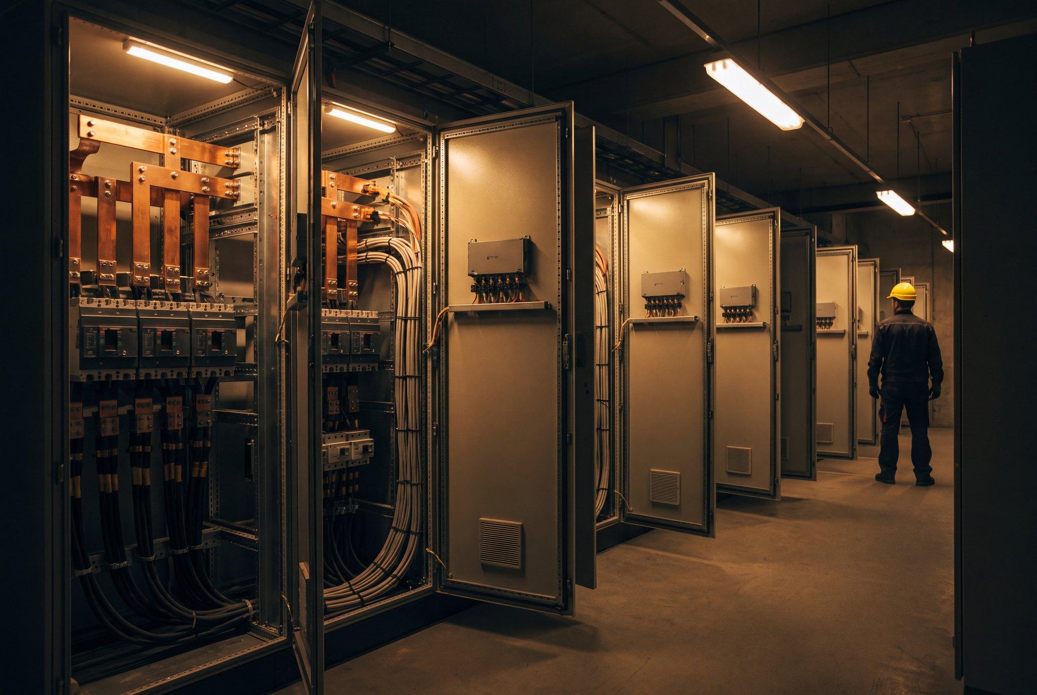 Row of industrial switchgear cabinets with copper busbars and dressed cable looms